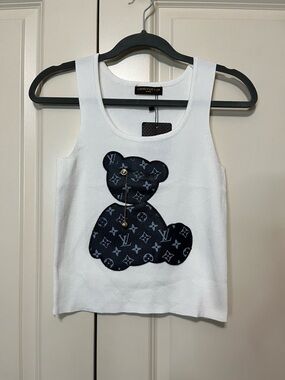 Louis Vuitton White Kids Tank Top with Black Monogram Teddy